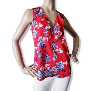 Janet Chung Red Floral Front Zipper Ruffled Mixed Media Blouse